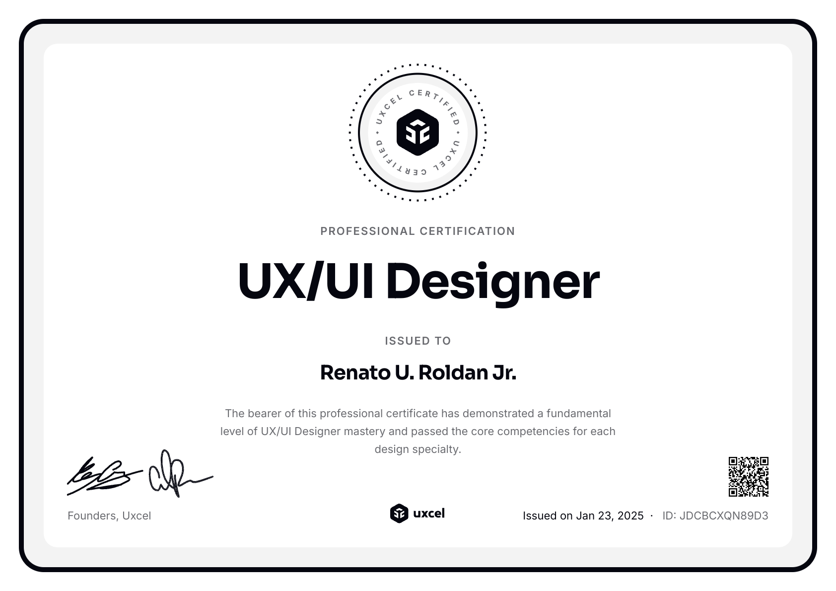 Renato U. Roldan Jr.'s certificate